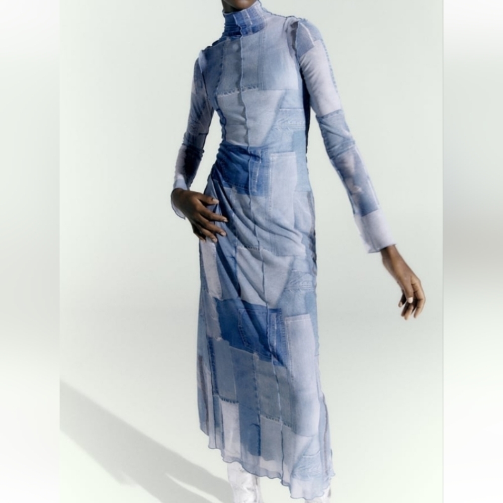 ZARA Patchwork Tulle Long Stretch Dress Size-M - Picture 2 of 15